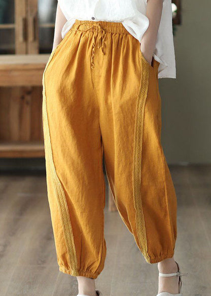 Yellow Pockets Patchwork Linen Harem Pants Summer