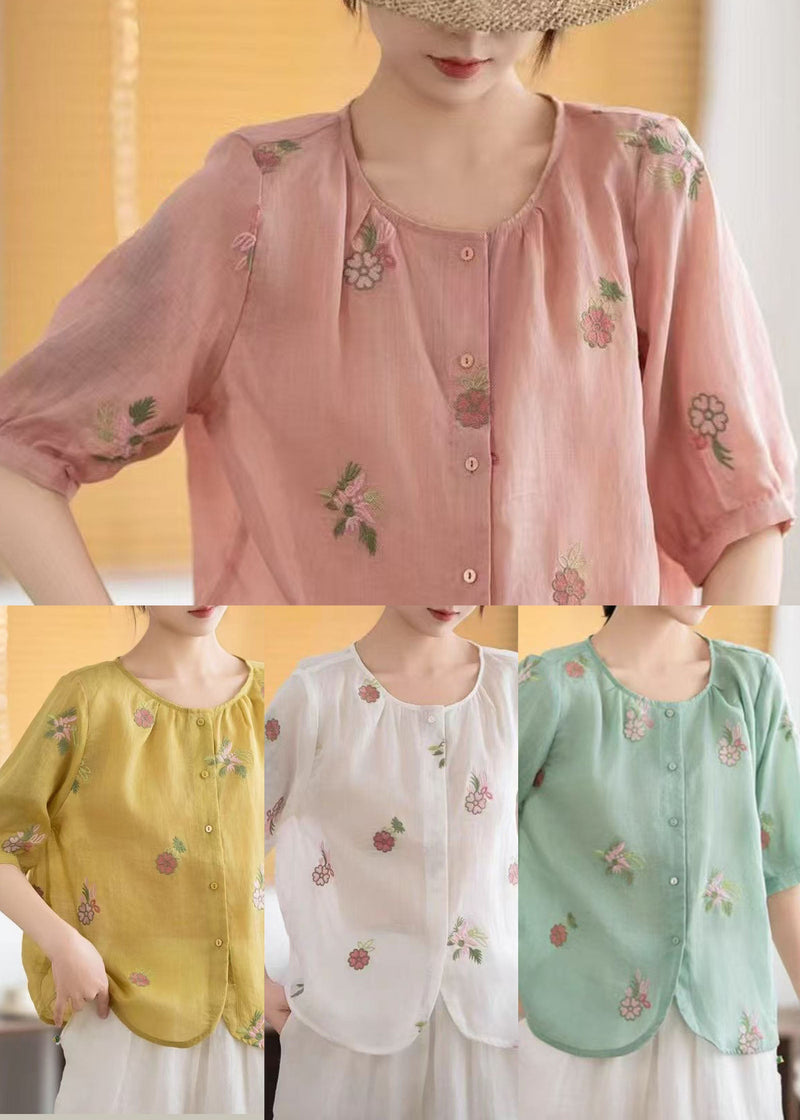 Fine Yellow O-neck Embroidered Linen Tops Summer