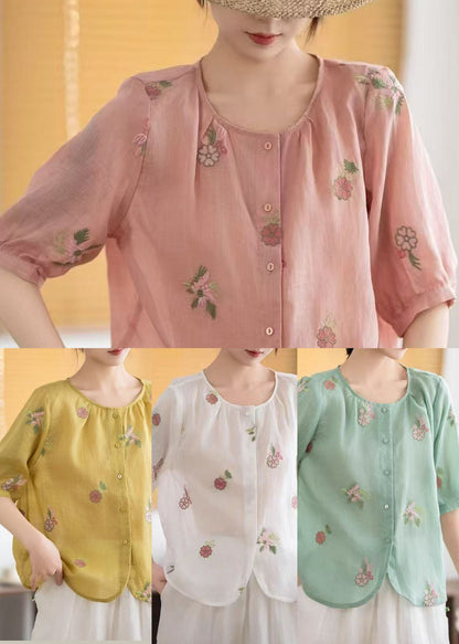 Green Embroidered Linen Top Half Sleeve