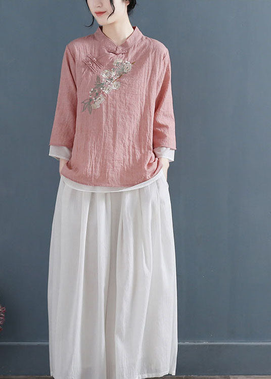 Pink Stand Collar Embroidered Cotton Fake Two Piece Shirts Three Quarter Sleeve