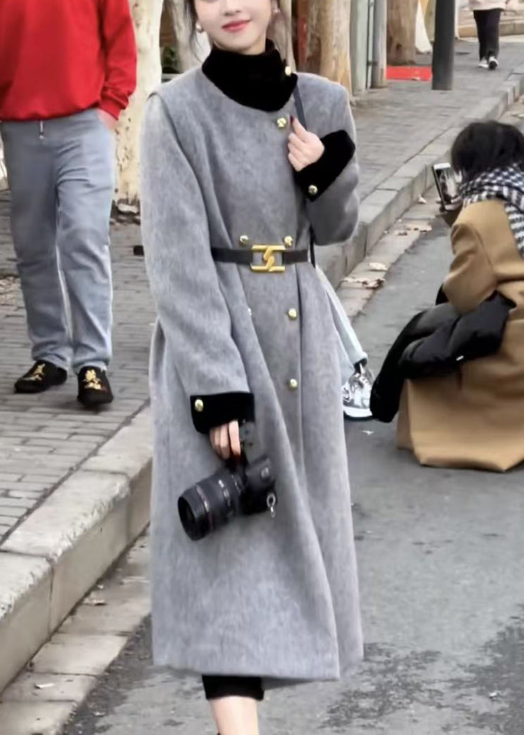 Grey Double Breast Sashes Woolen Long Coats Spring