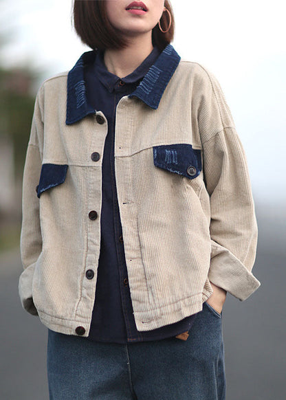 Apricot Peter Pan Collar Button Pockets Patchwork Corduroy Coats Long Sleeve