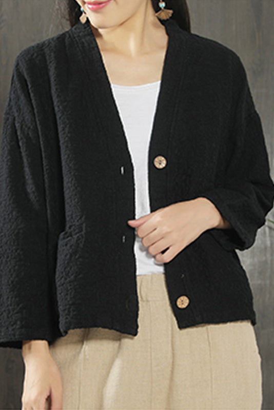 V-neck Cotton & Linen Thin Long-sleeved Jacket