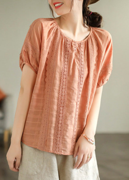 Orange O-neck Button Cotton Top Summer