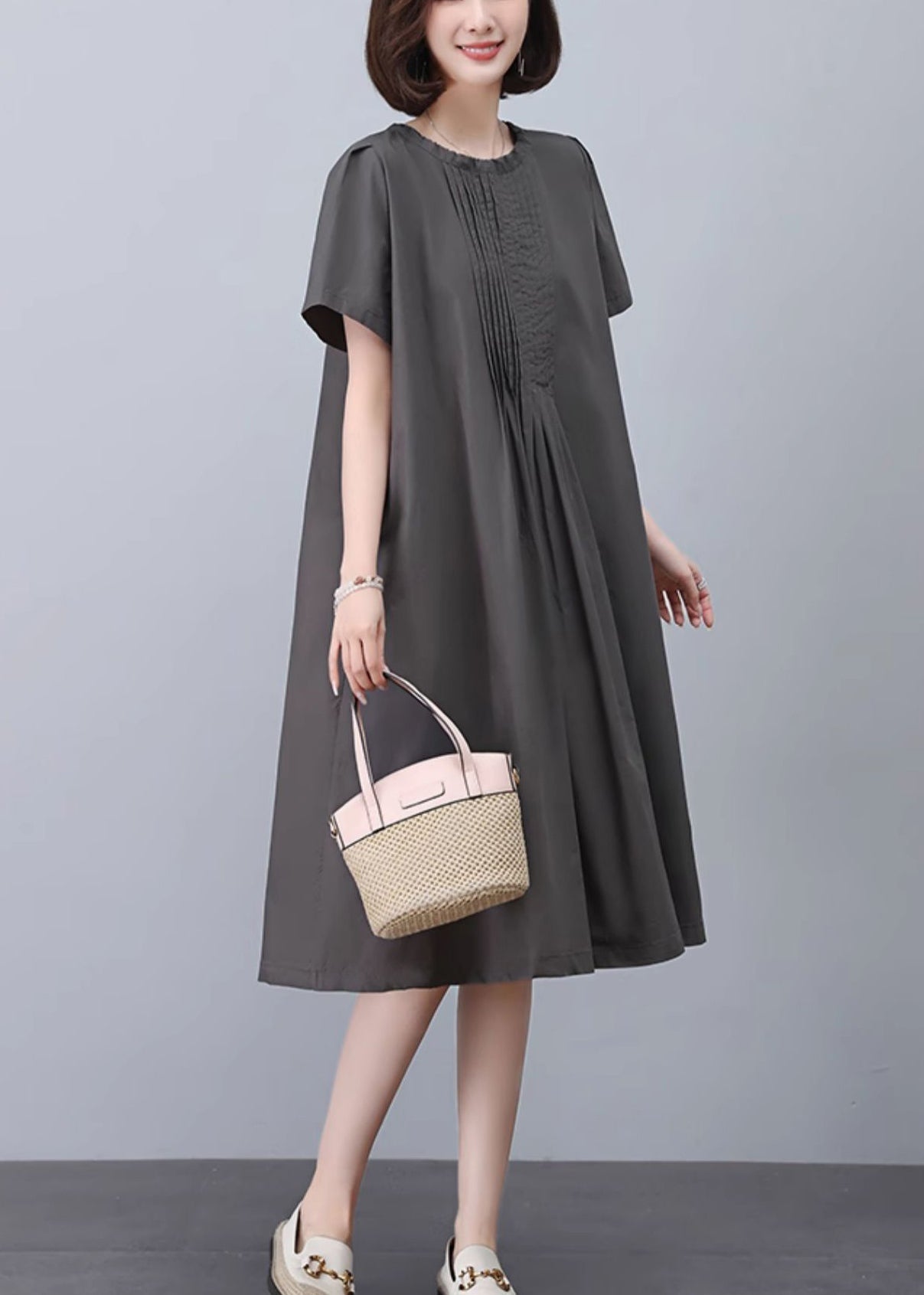 Grey O-neck Cotton Dresses Summer