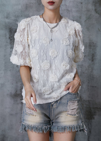 White Puff Sleeve Lace Shirts Summer