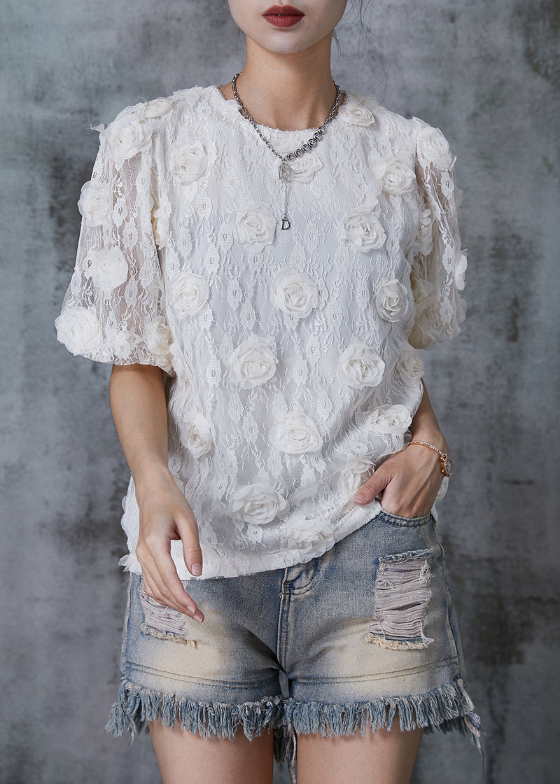 White Puff Sleeve Lace Shirts Summer