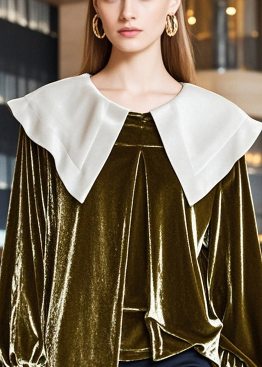 Tea Green Peter Pan Collar Silk Velour Tops Fall