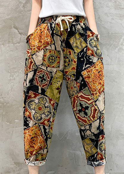 Black White Plaid Tie Waist Crop Beam Pants