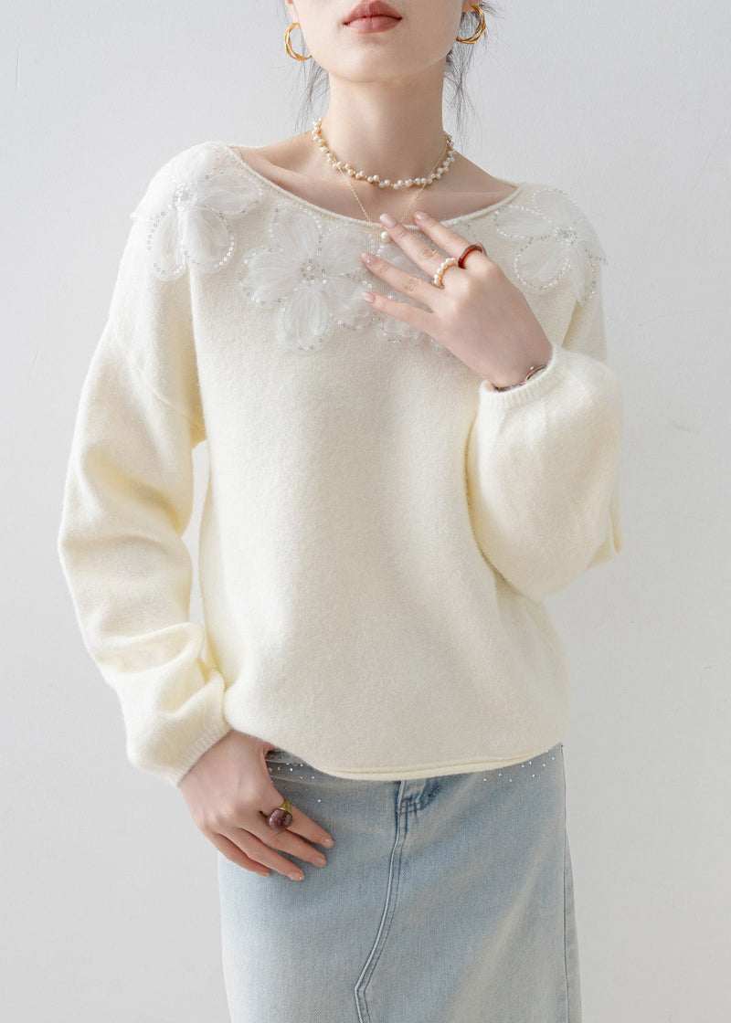 New White O Neck Sequins Knitted Tops Spring