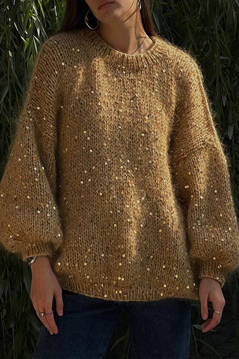 Color Sequins O Neck Sweaters