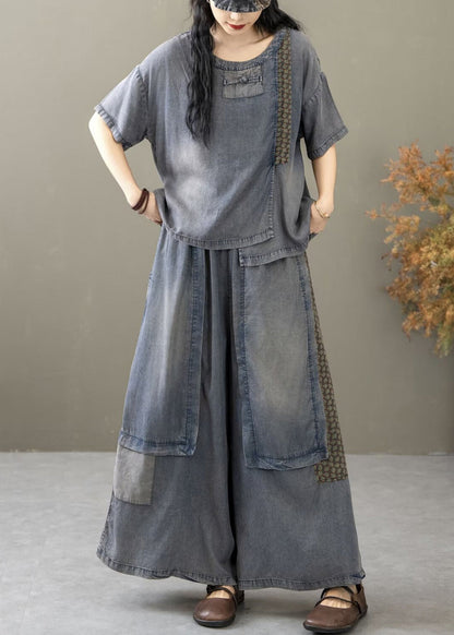New Blue Pockets T Shirt and Wide Leg Pants Denim Two Pieces Set Summer
