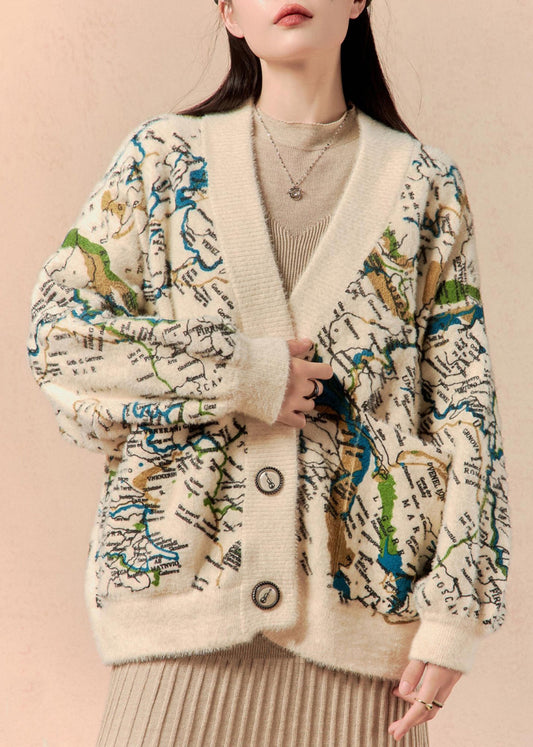 Stylish Beige V Neck Print Button Cotton Knit Cardigan Winter