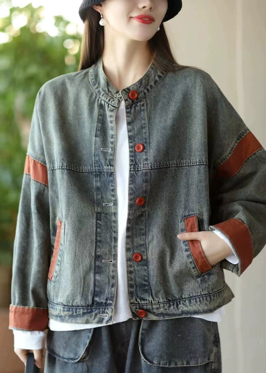 Blue Oversized Patchwork Denim Jacket Spring