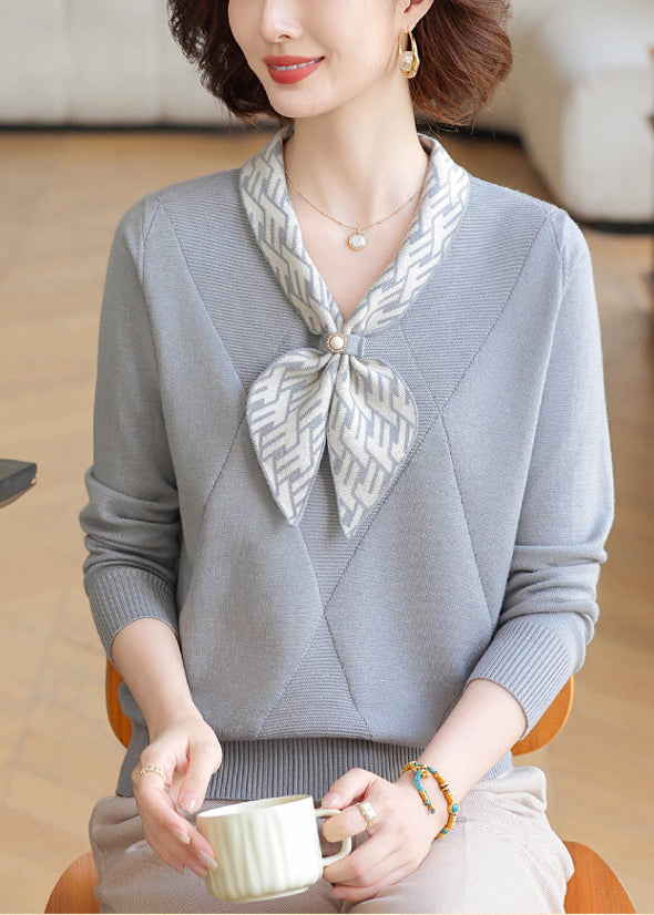 Grey V Neck Striped Knitted Tops Winter