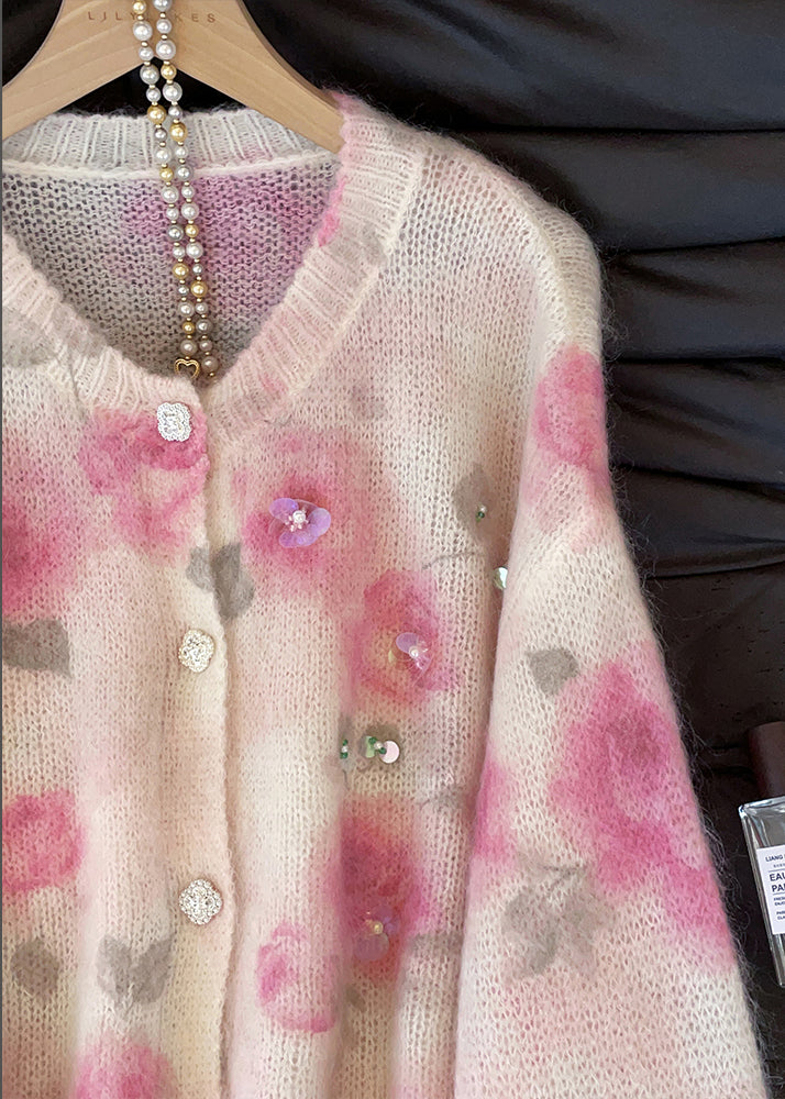 Art Pink Sequins Print Knit Cardigan Fall
