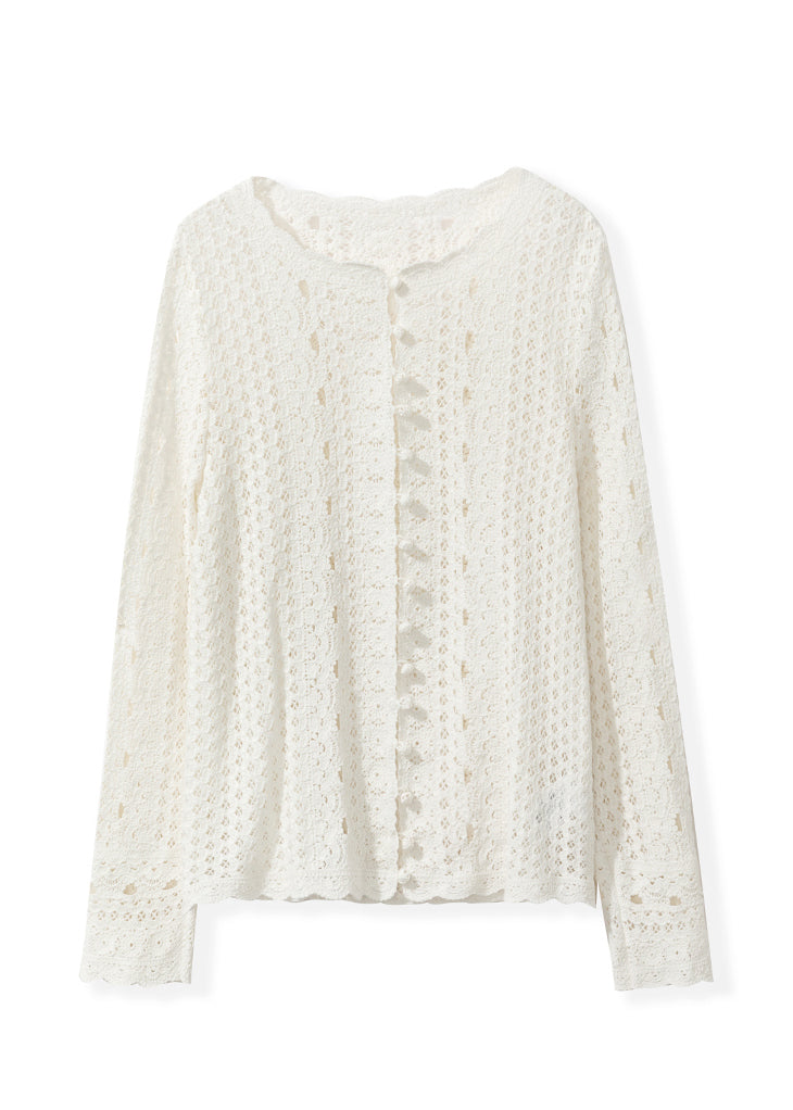Beige O Neck Hollow Out Knit Cardigan Fall