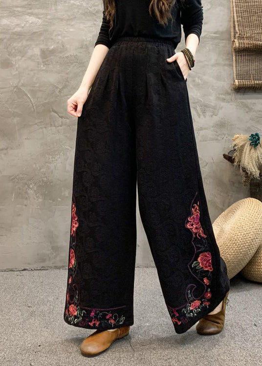Navy Embroidered Pockets Cotton Wide Leg Trousers Spring