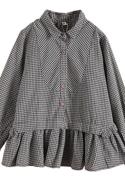 Limited Stock- Loose Plaid Ruffle Splicing Cotton Linen Shirt