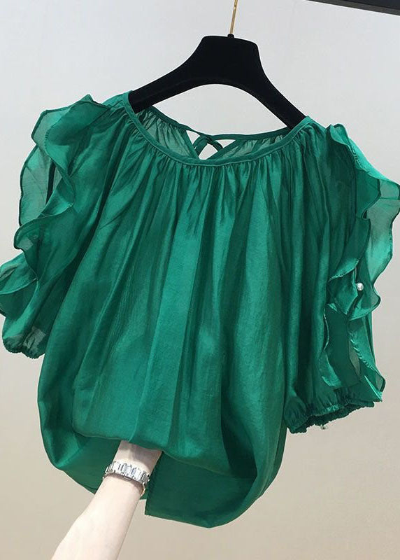 Coffee Patchwork Chiffon Shirt Tops Ruffled O-neck Summer