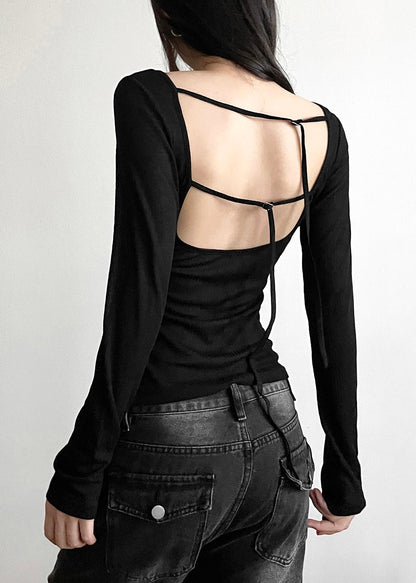 Unique Grey Asymmetrical Backless Hollow Out Top Long Sleeve