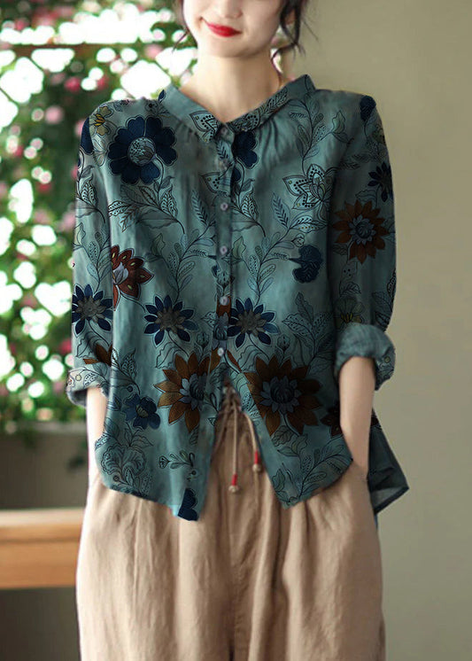 Retro Peacock Green-dark Pattern Peter Pan Collar Print Button Wrinkled Shirts Long Sleeve