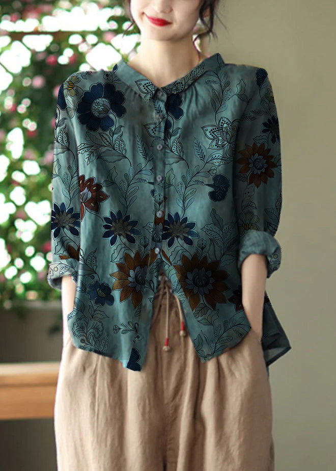 Retro Peacock Green-dark Pattern Peter Pan Collar Print Button Wrinkled Shirts Long Sleeve