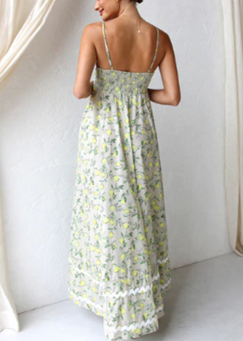 Green Print Patchwork Cotton Spaghetti Strap Dress Summer