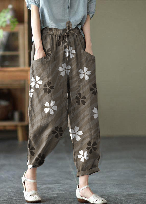 Art Grey Flower Tie Waist Pockets Summer Harem Pants Linen