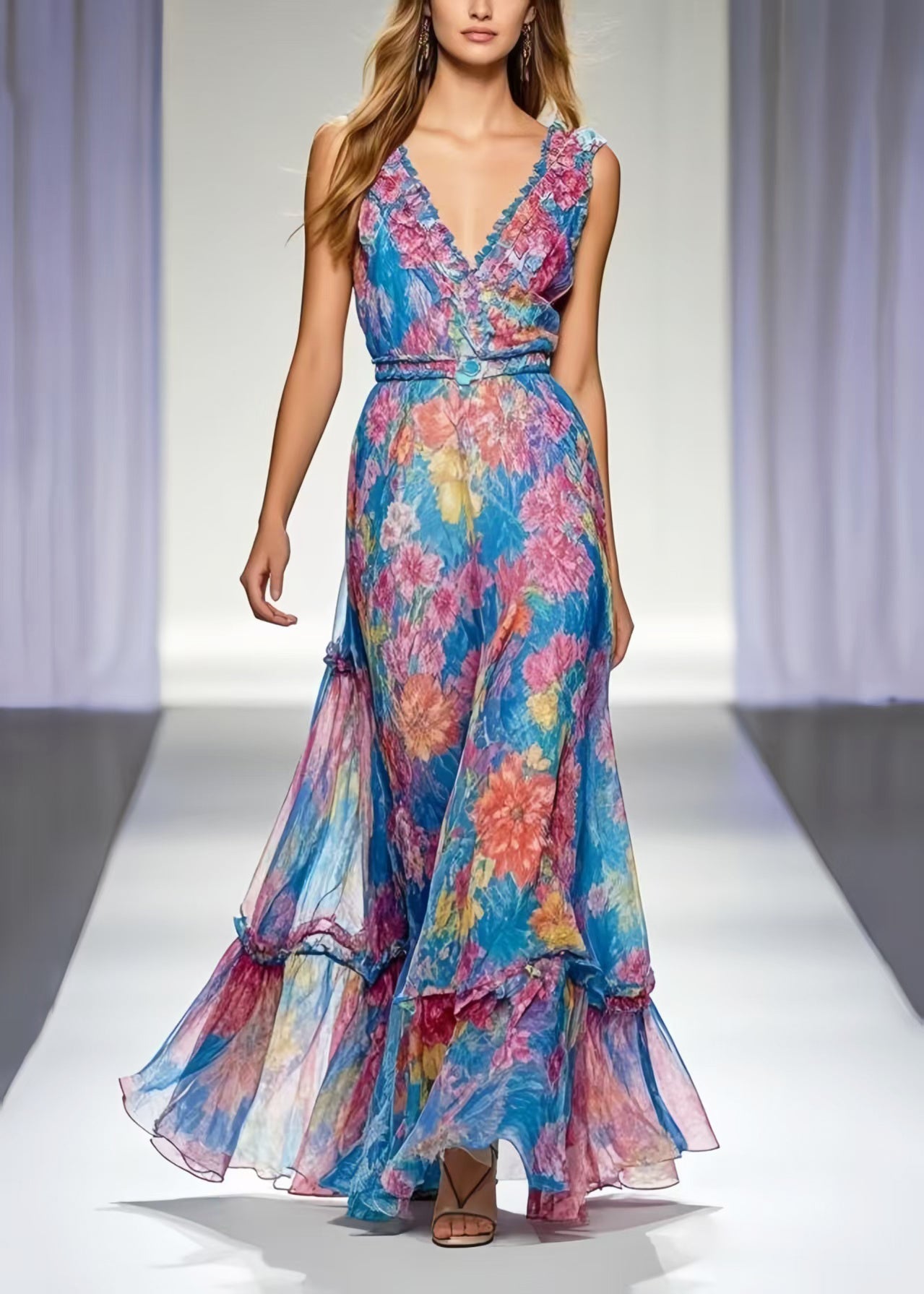 Organic Blue Print Chiffon Beach Sundresses Sleeveless