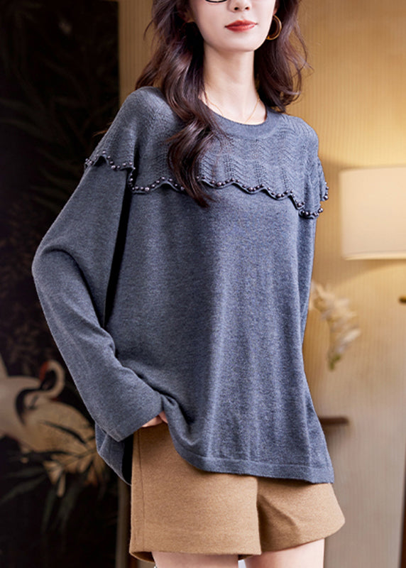 Grey Nail Bead Patchwork Knit Sweater Top Fall