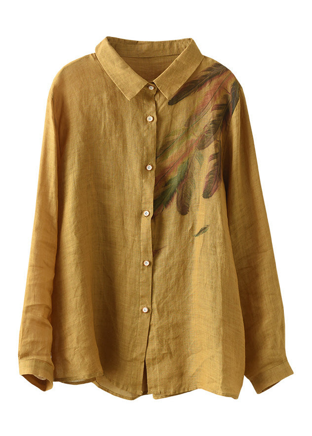 White Peter Pan Collar Print Ramie Shirts Spring