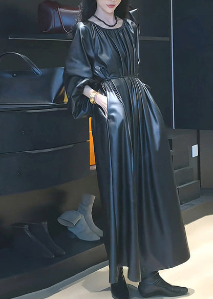 Black Cinched Tie Waist Pu Maxi Dresses Spring