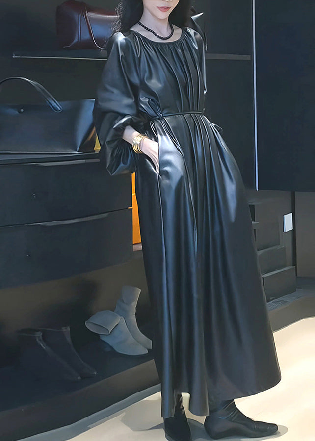 Black Cinched Tie Waist Pu Maxi Dresses Spring
