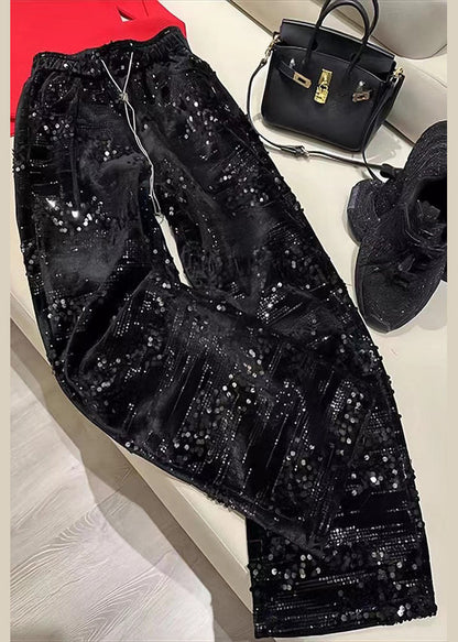 Silver Sequins Elastic Waist Straight Pants Spring