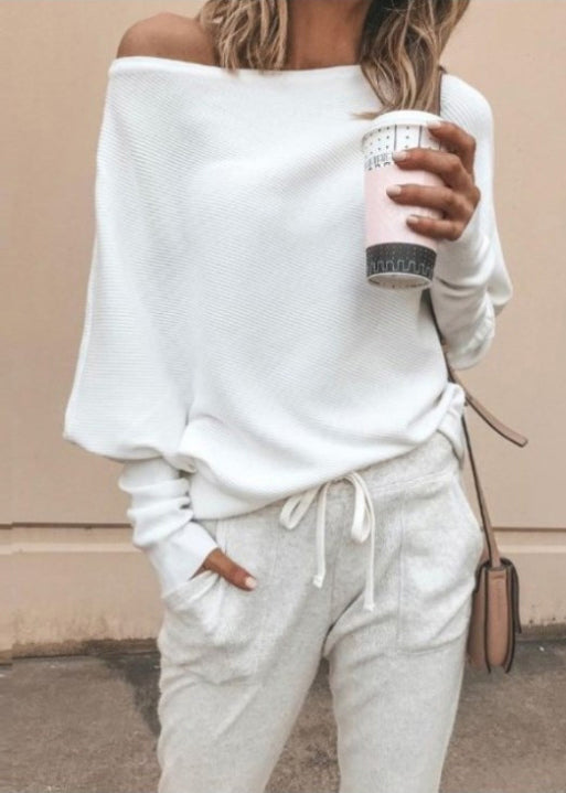 Style White Slash Neck Cotton T Shirts Tops Fall