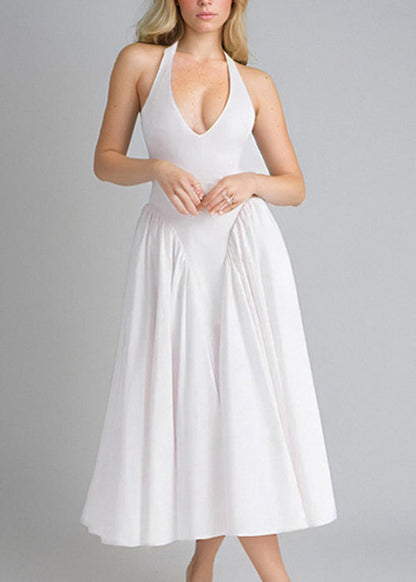 New White V Neck Pockets Cotton Dress Sleeveless