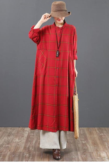 A Linen Cotton Plaid Shirt Dresses