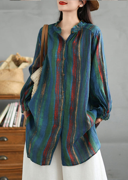 Green Ruffled Striped Button Cotton Shirt Fall