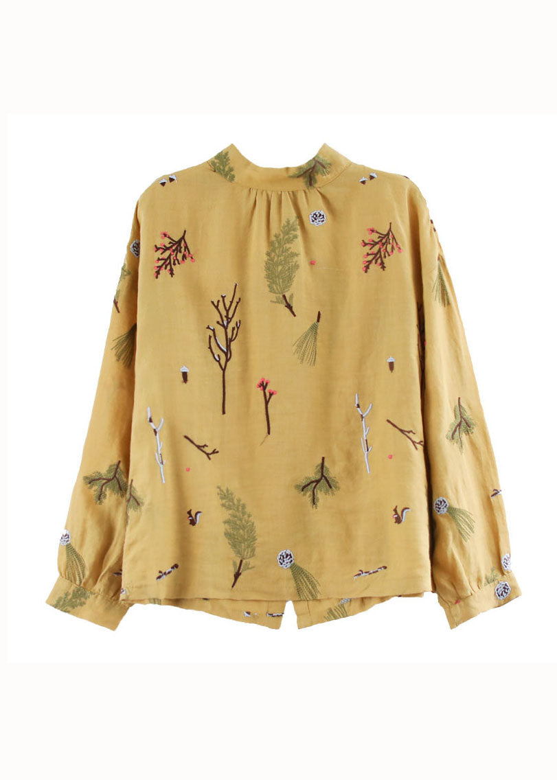 Yellow Wrinkled Embroidered Patchwork Linen Shirt Tops Spring