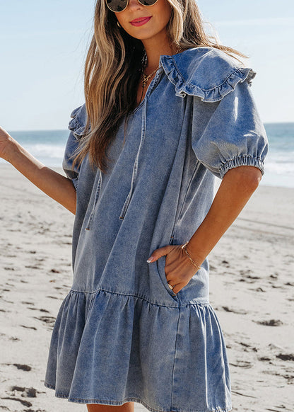 Natural Blue Sailor Collar Patchwork Denim Mid Dresses Summer