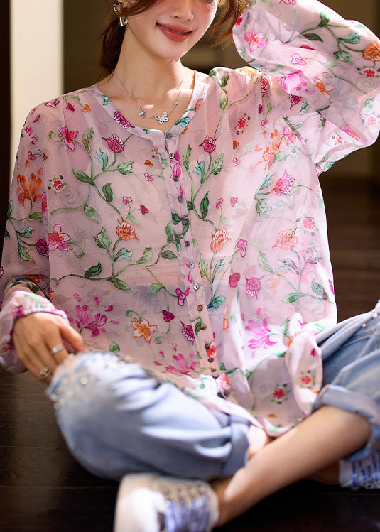 Pink O Neck Print Loose Chiffon Blouse Top Fall