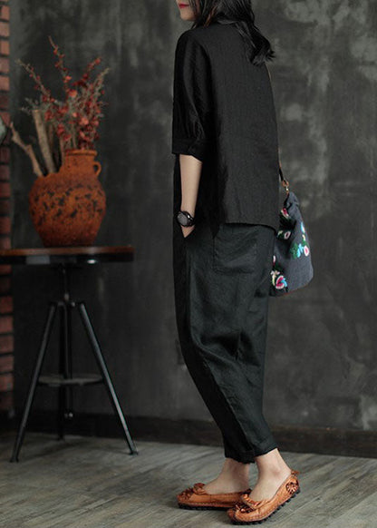Stylish Black Elastic Waist Pockets Linen Harem Pants Summer