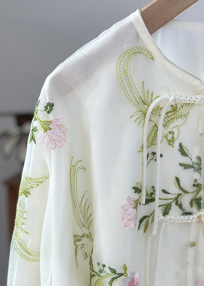 Green Embroidered Button Organza Shirts Fall