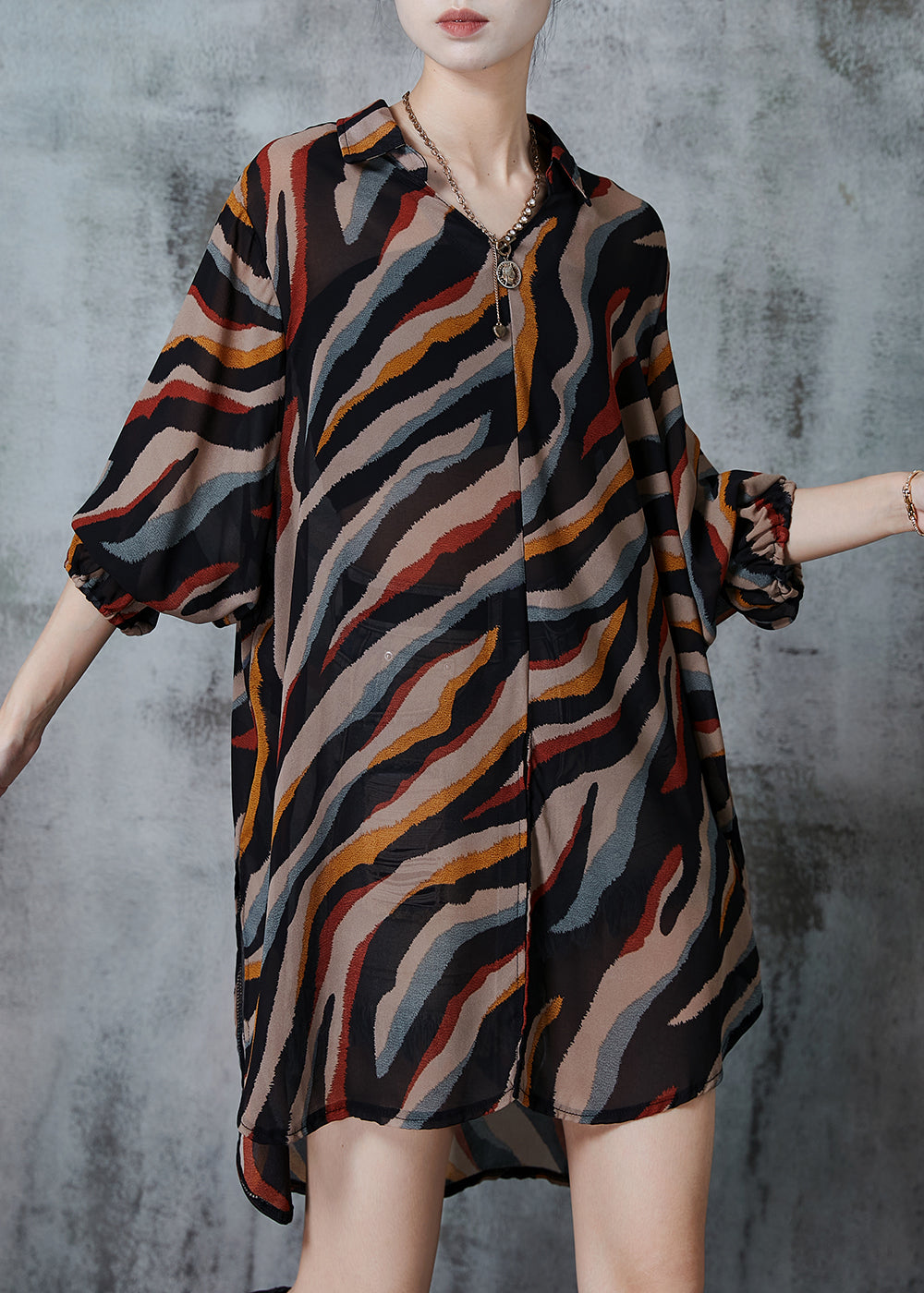 Brown Print Chiffon Long Shirt Tops Oversized Fall
