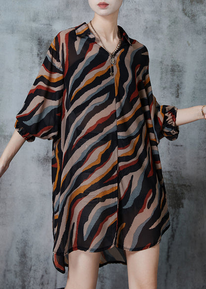 Brown Print Chiffon Long Shirt Tops Oversized Fall