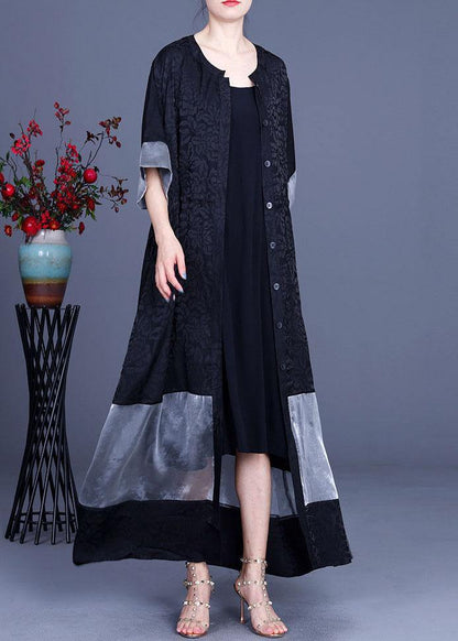Black Jacquard Patchwork Silk Cardigans Long