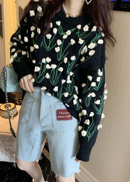 Black O Neck Cozy Cotton Knit Sweater Winter