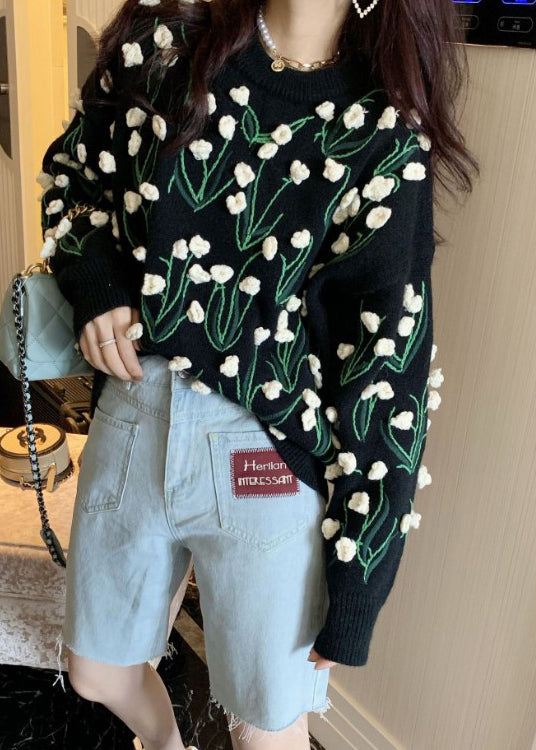 Black O Neck Cozy Cotton Knit Sweater Winter