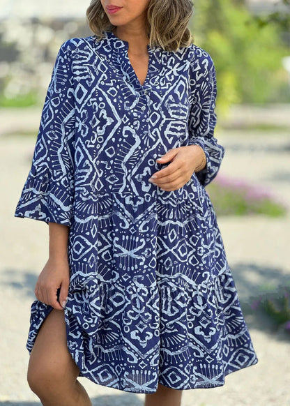 Black V Neck Print Patchwork Cotton Dresses Flare Sleeve